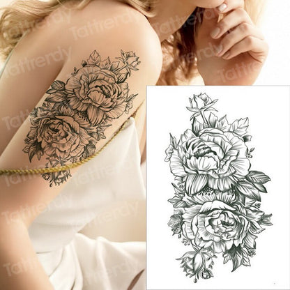 Sketch Flower Tatoo Blossom Peony Rose Waterproof Temporary Tattoo Sticker Black Tattoos Body Art Arm Hand Girl Women Fake Tatoo FAKE TATTOOS