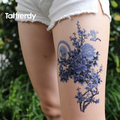 women temporary Tattoo stickers arm shoulder blue peony flower Moon bird traditional Chinese painting design personality HB566 FAKE TATTOOS