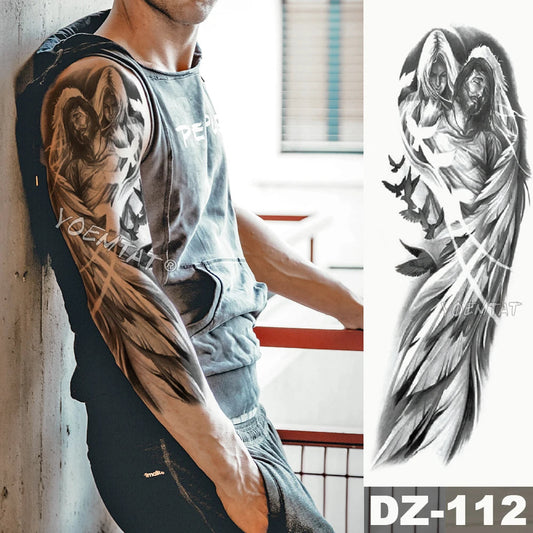 Large Arm Sleeve Tattoo Angel Wings Pigeon Jesus Waterproof Temporary Tattoo Sticker Holy Holiness Men Full Skull Totem Tattoo Fake Tattoos