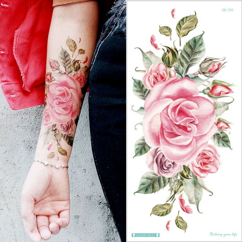 Beauty Flower Blue Red Rose Waterproof Temporary Tattoo Body Art Arm Sleeve Leg Water Transfer Fake Women Decoration Sticker FAKE TATTOOS