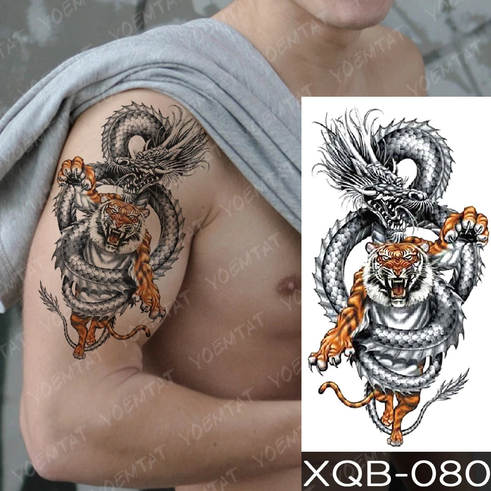 Waterproof Temporary Tattoo Sticker Dragon Knight Spitfire Flash Tattoos Tiger Owl Wolf Body Art Arm Fake Tatoo Women Men Fake Tattoos