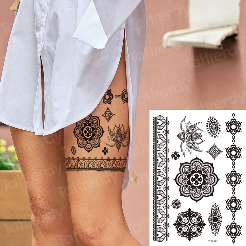 stockings tattoo legs black henna lace legging tatoo thigh hand rose flower jewelry stickers indian arabic water body decal FAKE TATTOOS