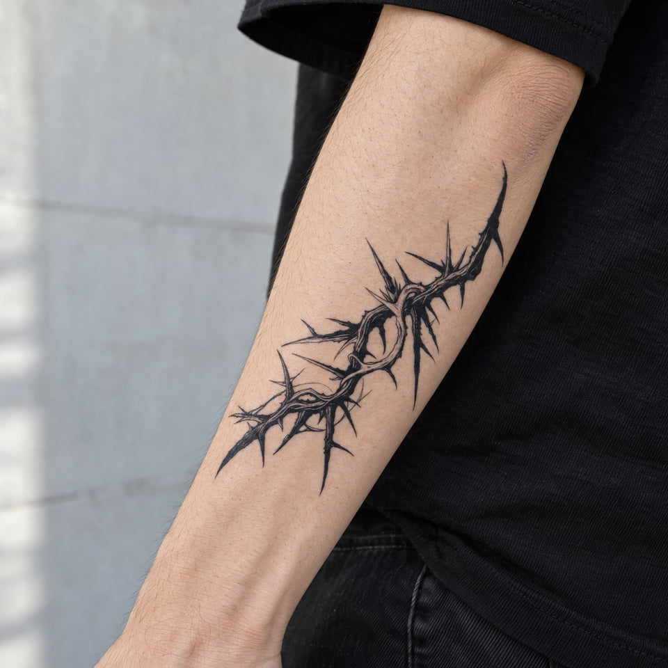 Thorn Halo realistic temporary tattoo wrapped around a forearm