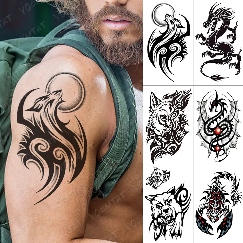 Waterproof Temporary Tattoo Sticker Dragon Scorpion Wolf Flash Tattoos Wings Cross Body Art Arm Owl Maori Totem Fake Tatoo Men Fake Tattoos