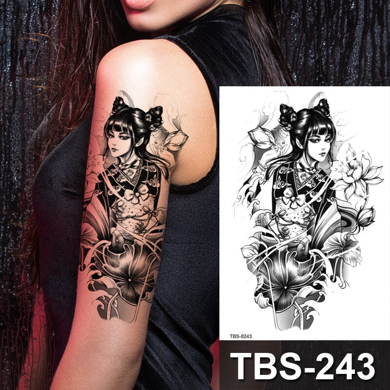 Japanese Geisha Temporary Tattoo Dark Moon Girl Waterproof Tattoo Sticker Sexy Body Art Tattoo for Women Girls Beauty Decal FAKE TATTOOS