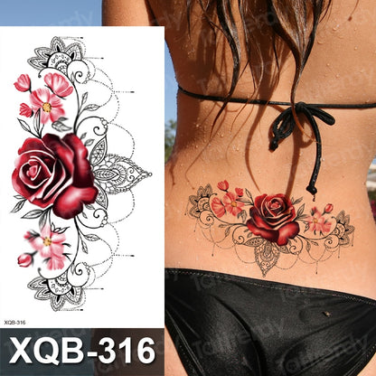 Waterproof Temporary Tattoo Sticker Rose Flower RED Jewelry Flash Tatoo Fake Water Transfer Sexy Belly Body Tatto for Woman Man FAKE TATTOOS