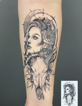 Onyx Oracle skull and flower temporary tattoo