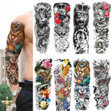 Large arm sleeve tattoo with tiger, skull, lion, crown, rose, bear, and snake designs, waterproof temporary sticker for men and women