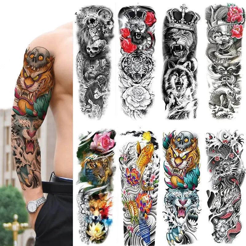 Large arm sleeve tattoo with tiger, skull, lion, crown, rose, bear, and snake designs, waterproof temporary sticker for men and women