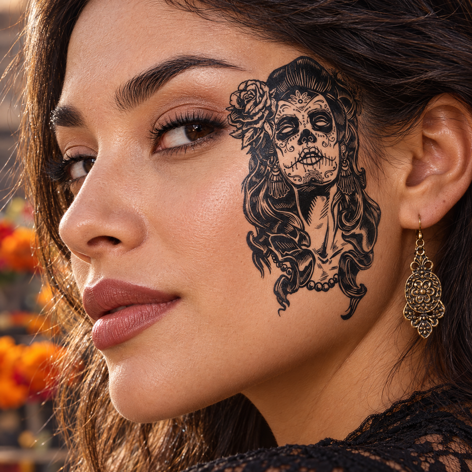 Sugar Skull Face Tattoo Set alternate temple placement below the eye