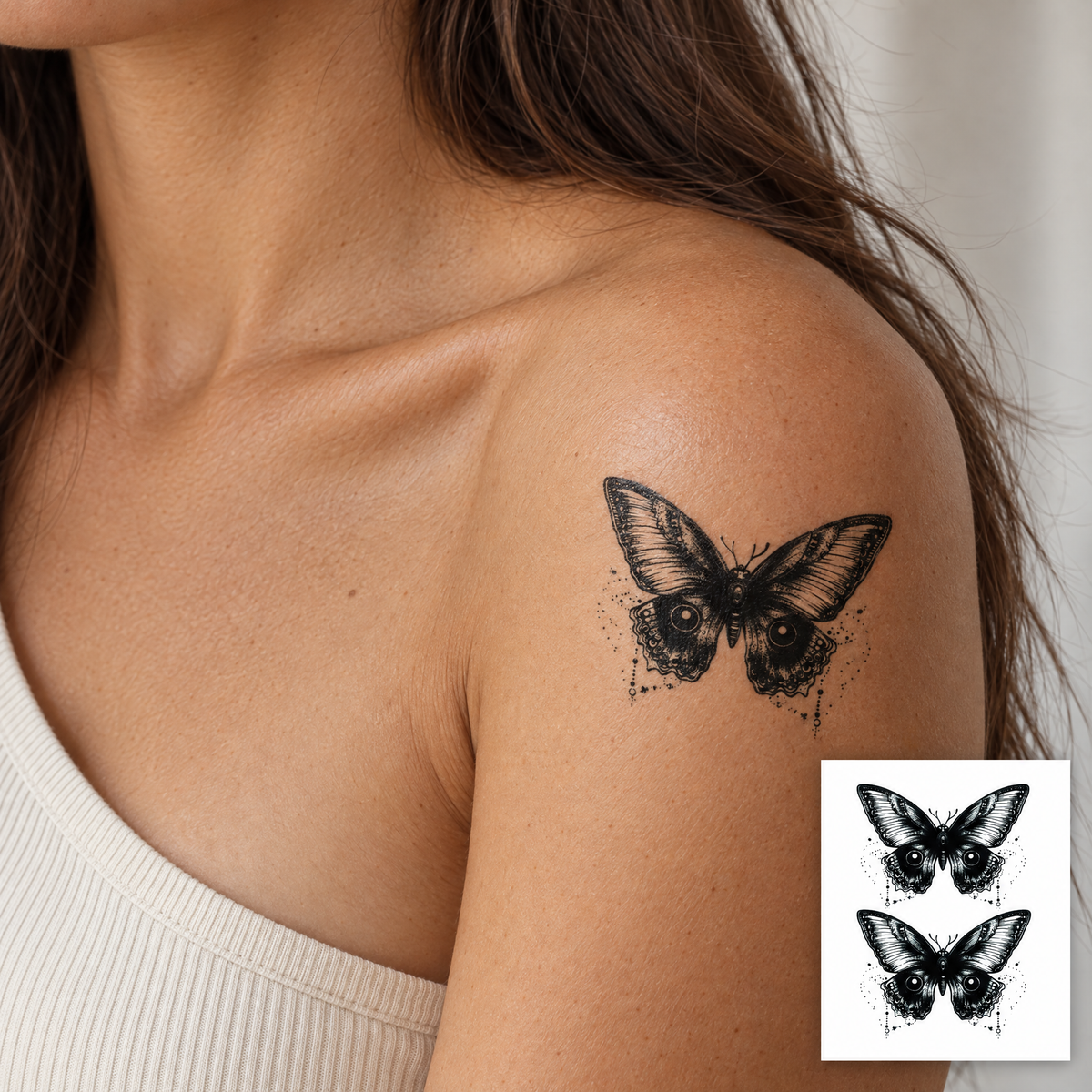 Cinder Oracle Butterfly Set - realistic shoulder placement with white sheet inset