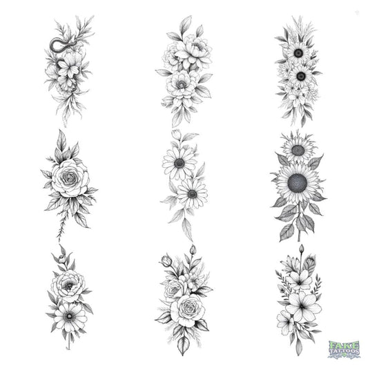Tulips Flower Temporary Tattoo Set | 9 Tattoos Fake Tattoos