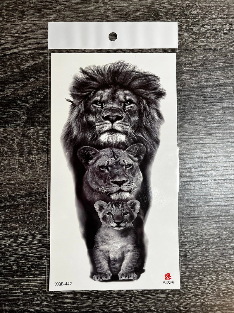 Realistic Black Temporary Lion Family Tattoo