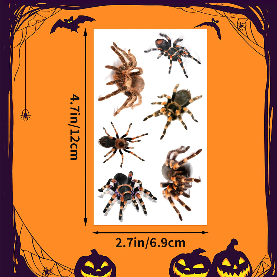 Spider House realistic spider temporary tattoos on a Halloween costume look