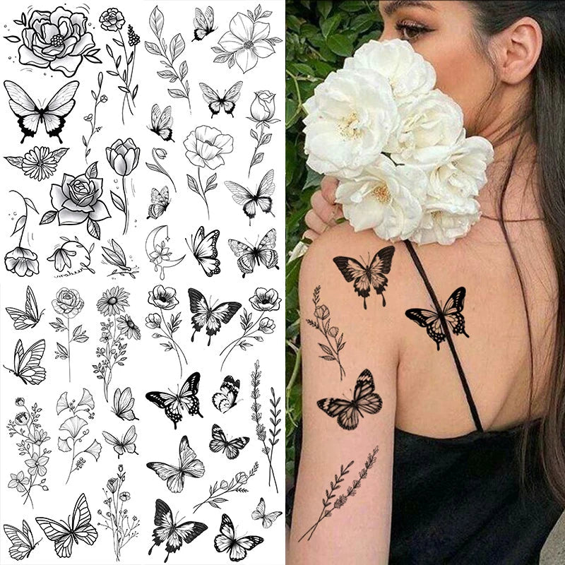 Flower & Rose Temporary Tattoo | 6 Sheets Fake Tattoos