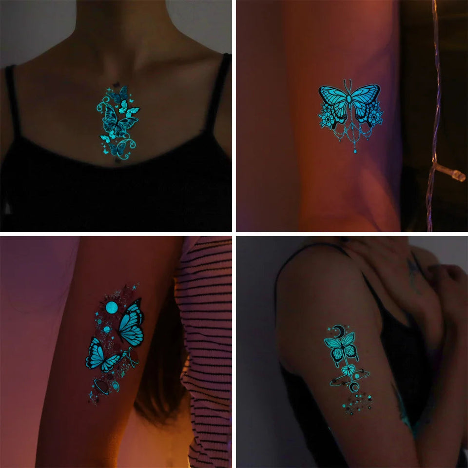 12 Blue Glow-In-The-Dark Butterfly Tattoo Stickers Fake Tattoos