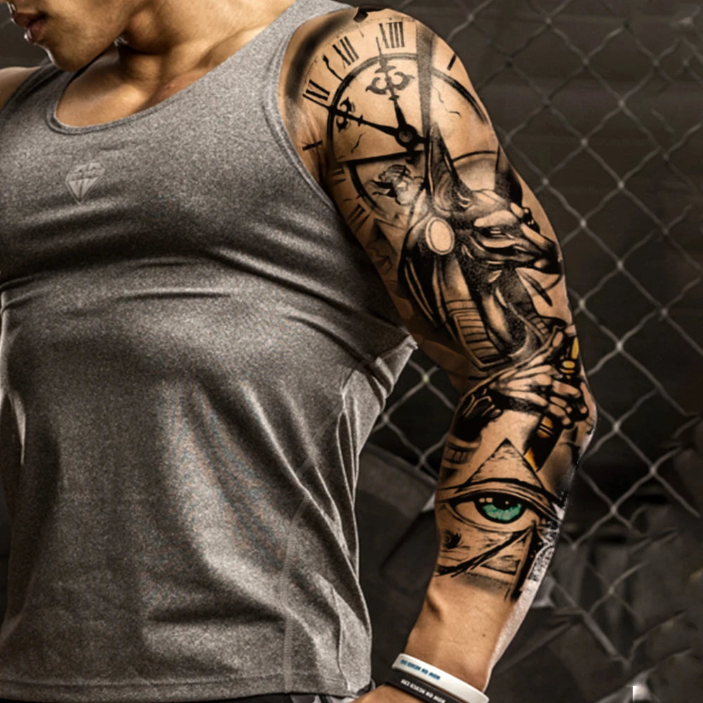 Large Full Arm Sleeve Waterproof Temporary Tattoo Sticker Anubis Ancient Egypt Greece Zeus Eye  Fake Tatoo Body Art Men Women Fake Tattoos