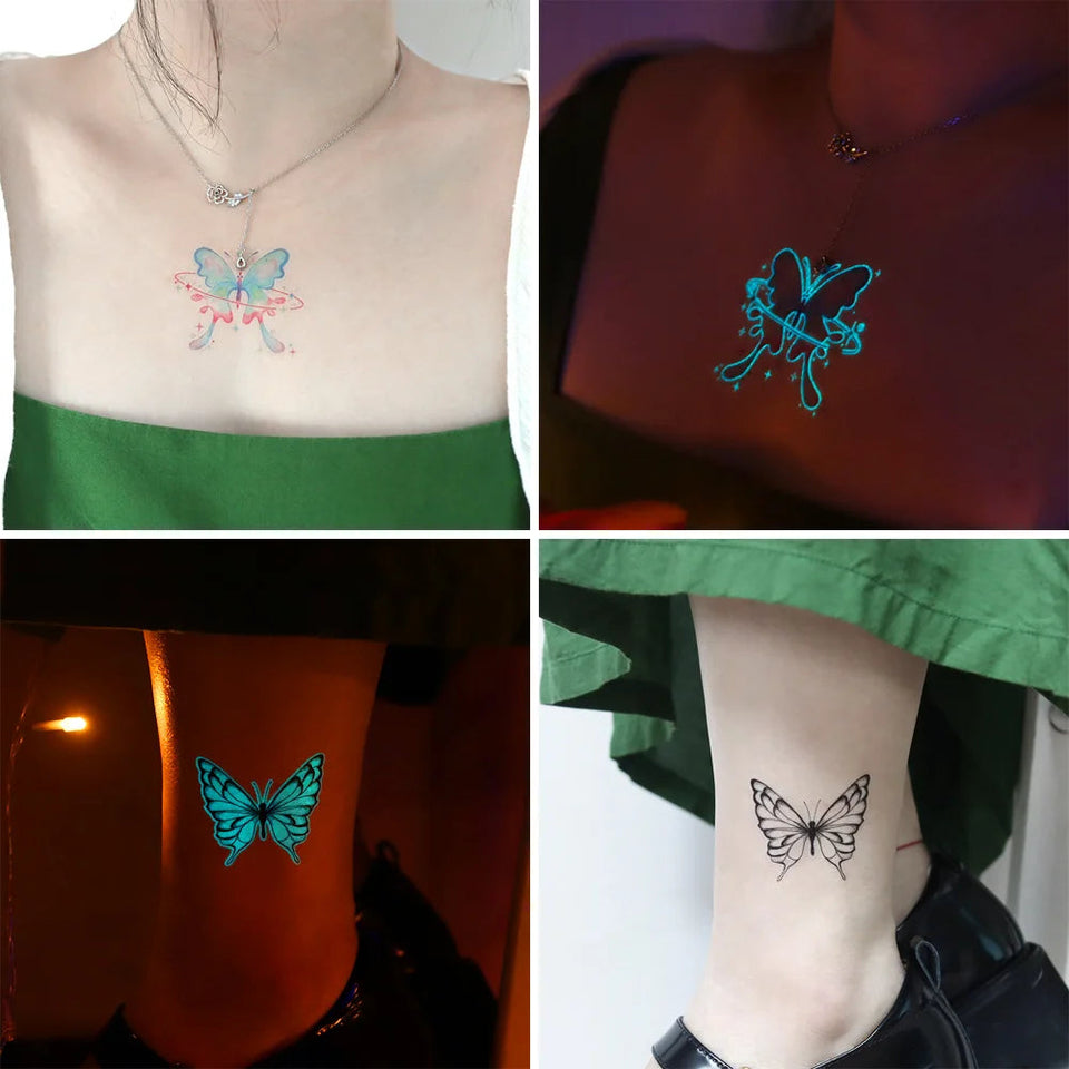 12 Blue Glow-In-The-Dark Butterfly Tattoo Stickers Fake Tattoos
