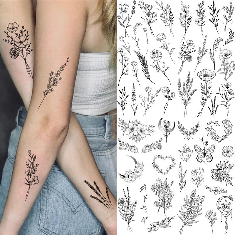 Flower & Rose Temporary Tattoo | 6 Sheets Fake Tattoos