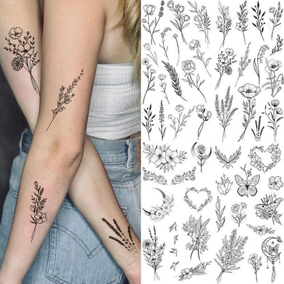 Flower & Rose Temporary Tattoo | 6 Sheets Fake Tattoos