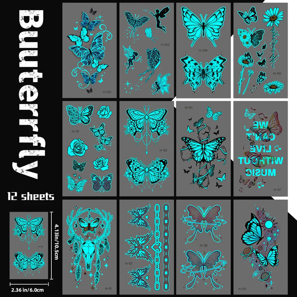 12 Blue Glow-In-The-Dark Butterfly Tattoo Stickers Fake Tattoos