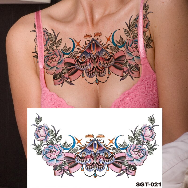 Big Breast Tattoo Stickers Waterproof Temporary Sketch Flower Simple Sternum Sticker Temporary Tattoo for Women Beauty Sexy FAKE TATTOOS