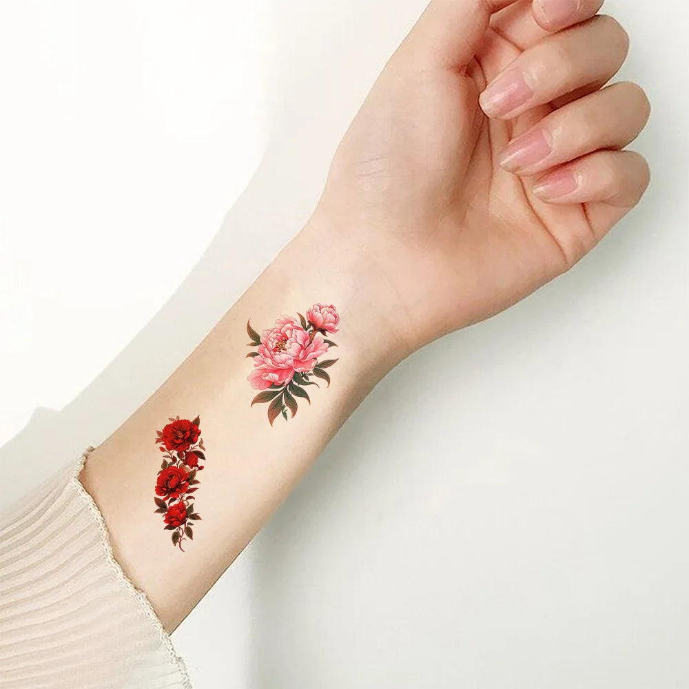 10Pcs/set Colorful Flowers Temporary Tattoo Sticker Waterproof Rose Maple Leaf Art Tattoo Sticker Decoration Party Gift Fake Tattoos