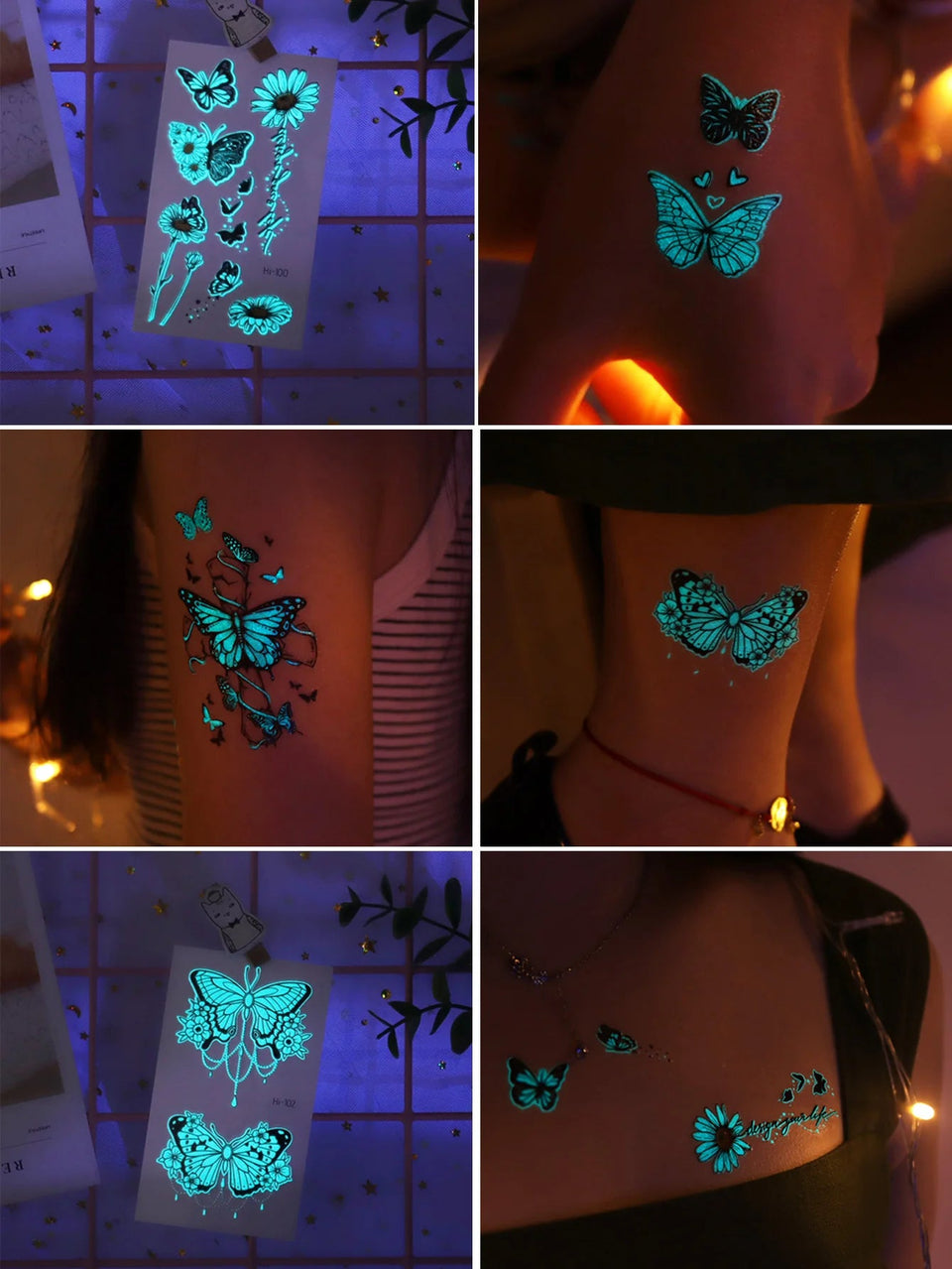 12 Blue Glow-In-The-Dark Butterfly Tattoo Stickers Fake Tattoos