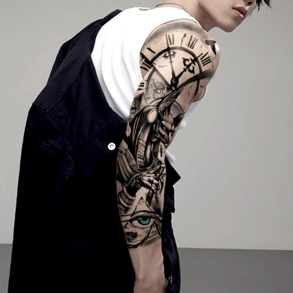 Large Full Arm Sleeve Waterproof Temporary Tattoo Sticker Anubis Ancient Egypt Greece Zeus Eye  Fake Tatoo Body Art Men Women Fake Tattoos