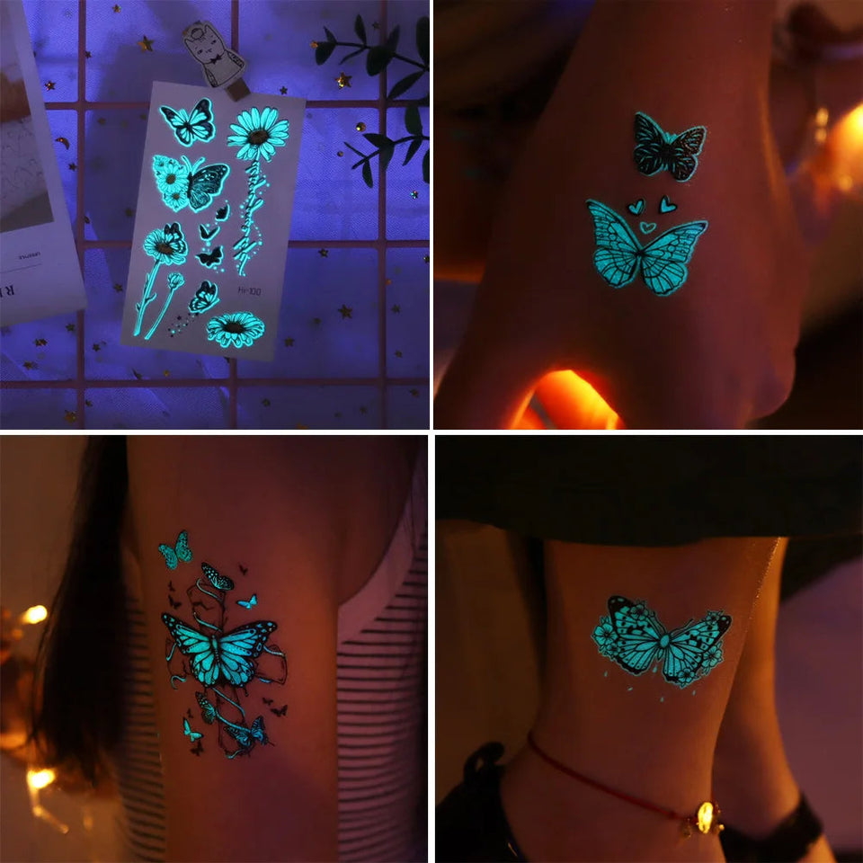 12 Blue Glow-In-The-Dark Butterfly Tattoo Stickers Fake Tattoos