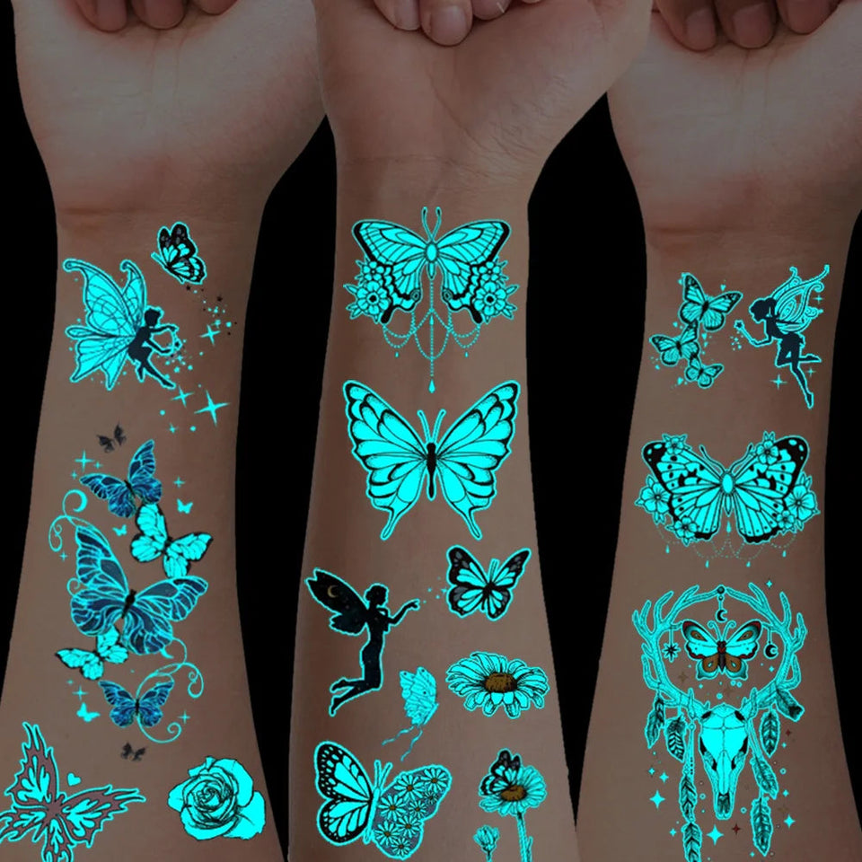 12 Blue Glow-In-The-Dark Butterfly Tattoo Stickers Fake Tattoos