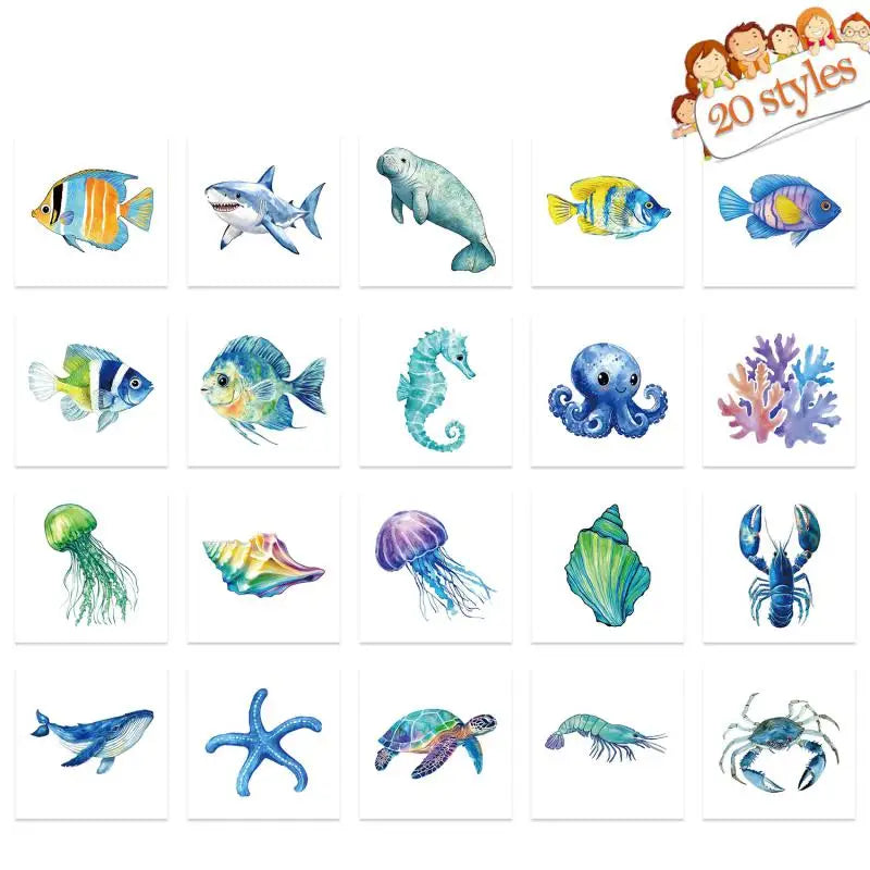Ocean Animal Temporary Tattoos for Kids (20pcs) Fake Tattoos