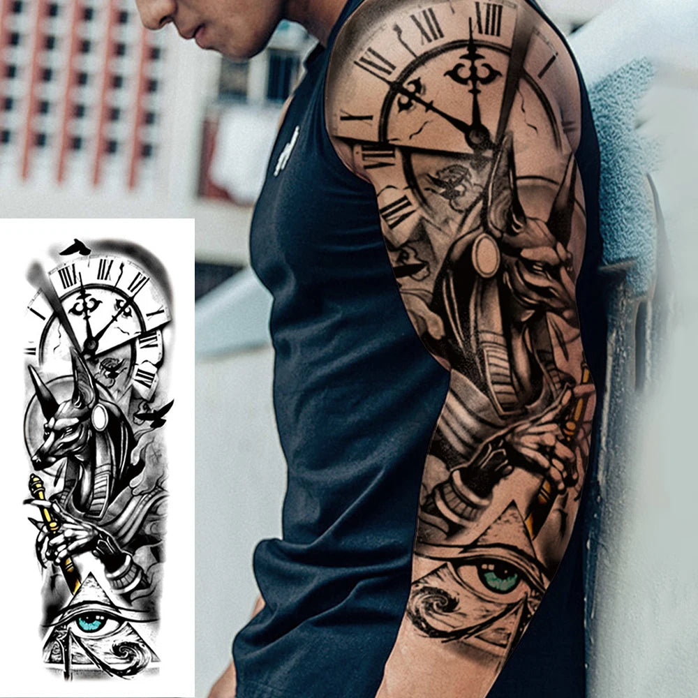 Large Full Arm Sleeve Waterproof Temporary Tattoo Sticker Anubis Ancient Egypt Greece Zeus Eye  Fake Tatoo Body Art Men Women Fake Tattoos