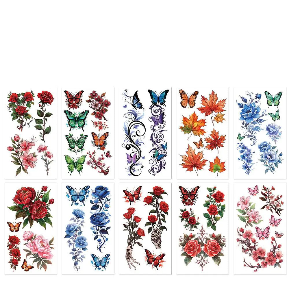 10Pcs/set Colorful Flowers Temporary Tattoo Sticker Waterproof Rose Maple Leaf Art Tattoo Sticker Decoration Party Gift Fake Tattoos