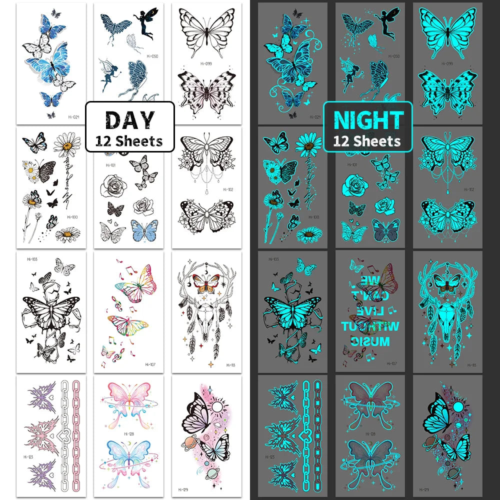 12 Blue Glow-In-The-Dark Butterfly Tattoo Stickers Fake Tattoos
