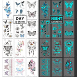 12 Blue Glow-In-The-Dark Butterfly Tattoo Stickers Fake Tattoos