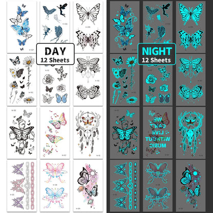12 Blue Glow-In-The-Dark Butterfly Tattoo Stickers Fake Tattoos