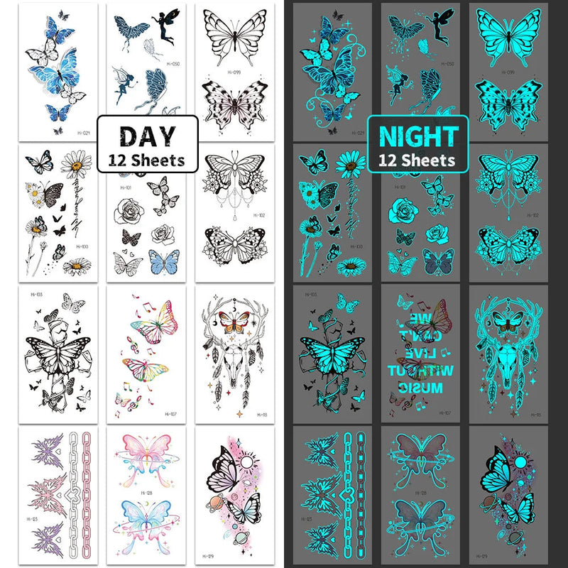 Blue Glow-In-The-Dark Butterfly Tattoo Stickers | 12 Set
