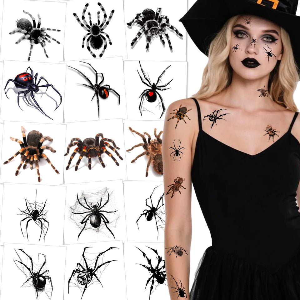 Spider House spider temporary tattoo sheet with product dimensions