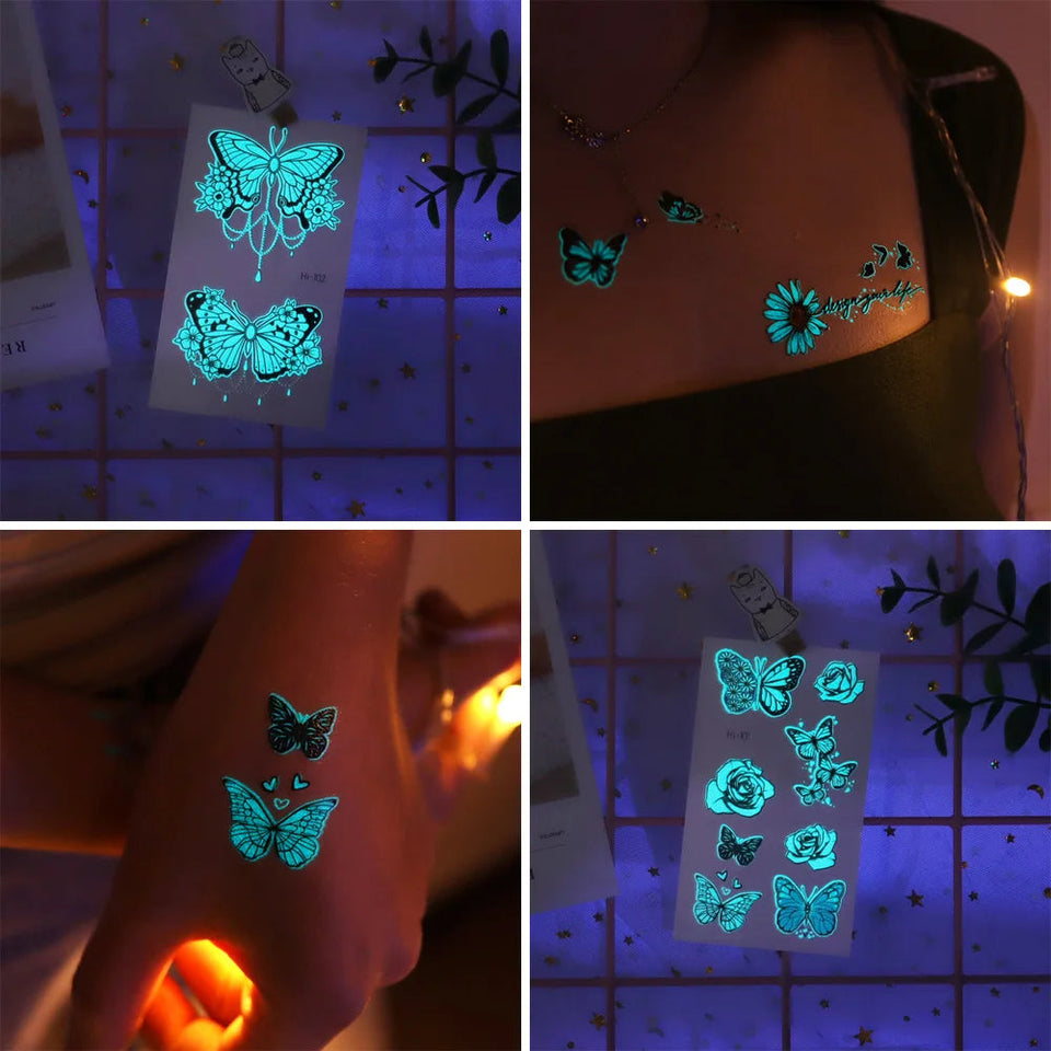 12 Blue Glow-In-The-Dark Butterfly Tattoo Stickers Fake Tattoos