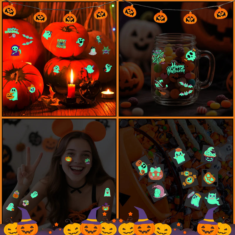 Moonlit Mischief glow Halloween temporary tattoo set in a party scene