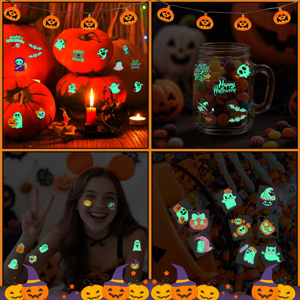 Moonlit Mischief glow Halloween temporary tattoo set in a party scene