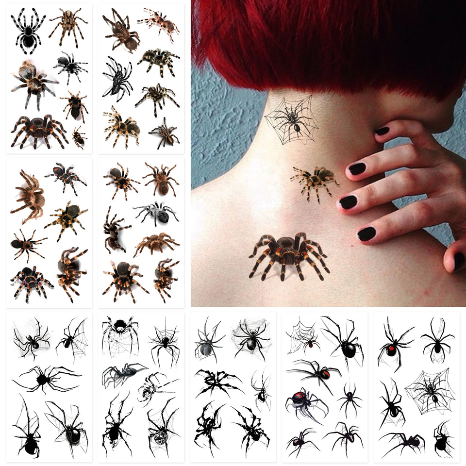 Spider House realistic spider temporary tattoo set applied for a Halloween look
