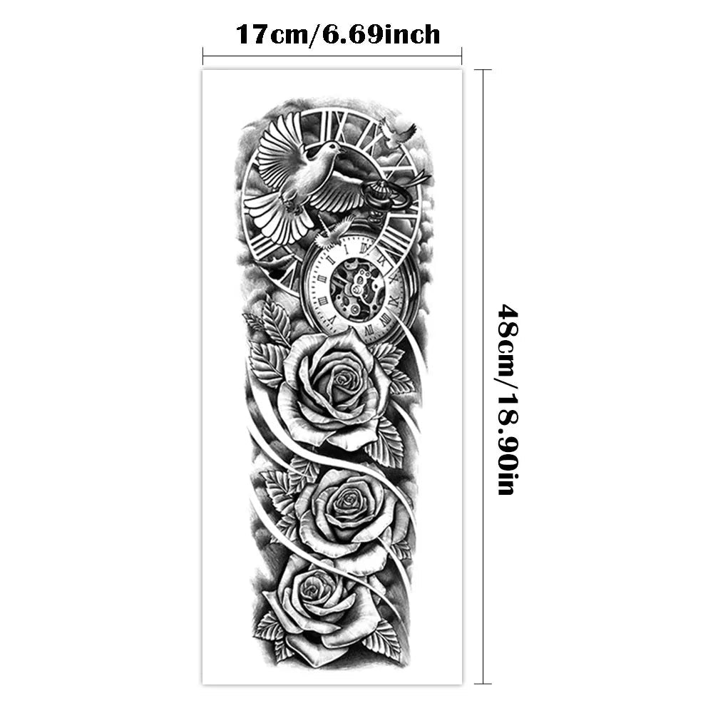 Large Full Arm Sleeve Waterproof Temporary Tattoo Sticker Clock Rose Flower Dove Bird Totem Fake Tatoo Body Art Men Women Leg Fake Tattoos