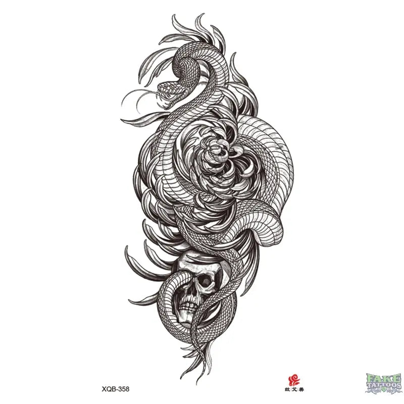 Realistic Snake, Flowers & Skull Temporary Tattoos