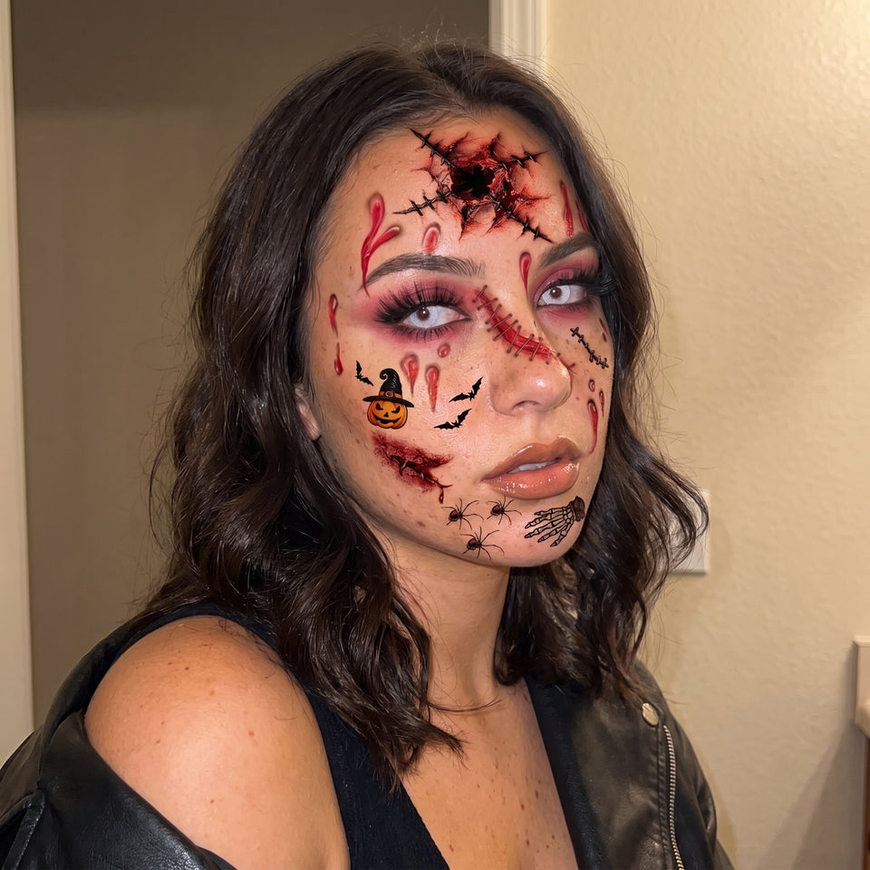 1 feuille de tatouage temporaire réaliste d'Halloween en forme de cœur de Chucky empalé et sanglant, autocollant de faux tatouage réaliste, durable et imperméable