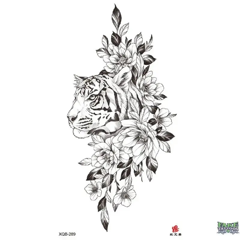 Realistic Tiger with Flowers & Leaf Temporary Tattoo