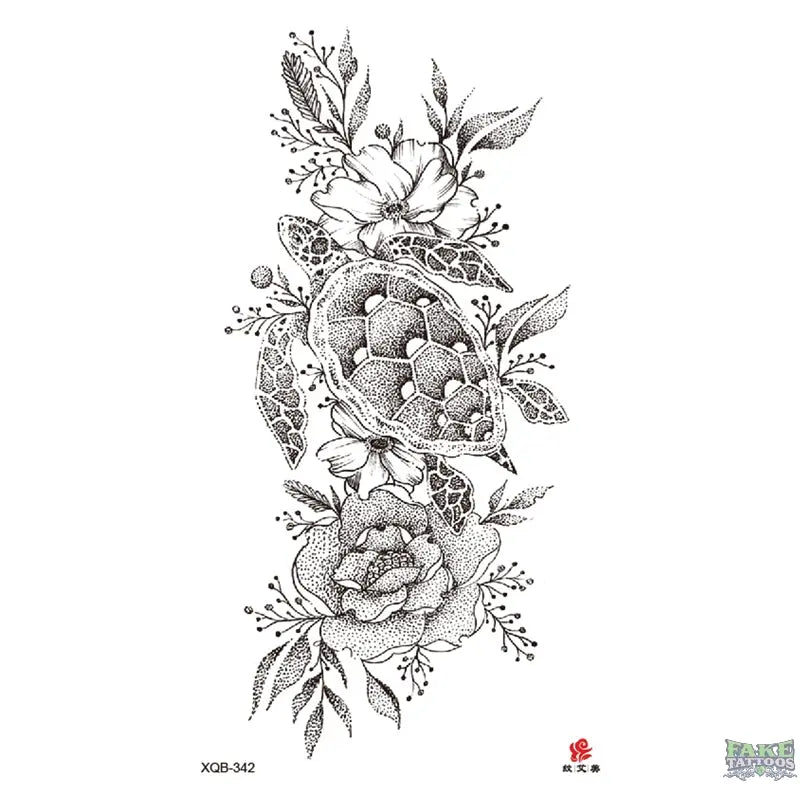 Realistic Turtle, Flowers & Leaf Temporary Tattoos