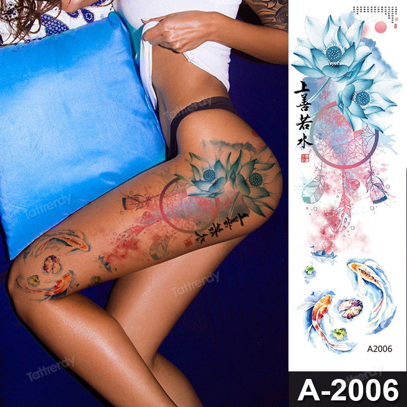sexy fake tattoo for woman waterproof temporary tattoos large leg thigh body tattoo stickers peony lotus flowers fish dragon FAKE TATTOOS