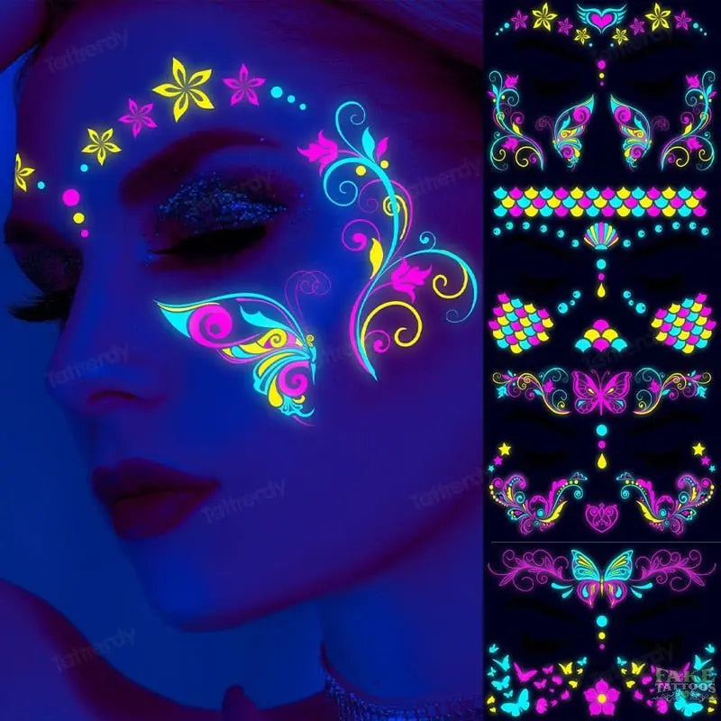 Waterproof UV Light Temporary Tattoos Luminous Glow in Dark Party Night Bar Butterfly Feather Stars Face Beauty Sticker Tattoos FAKE TATTOOS